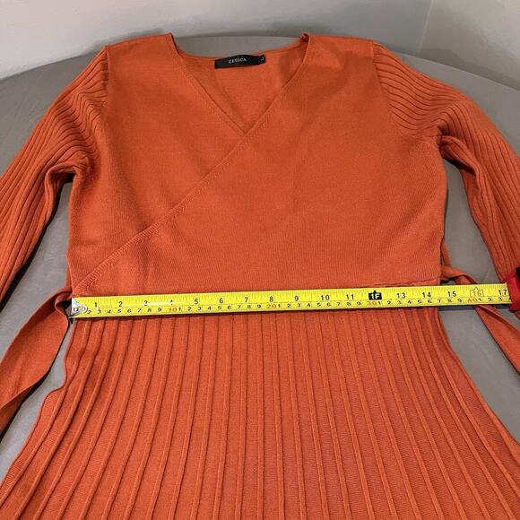 Zesica Orange L Ribbed Thick Knit Ribbed A Line Midi Sweater Tie Dress Office - Picture 6 of 11
